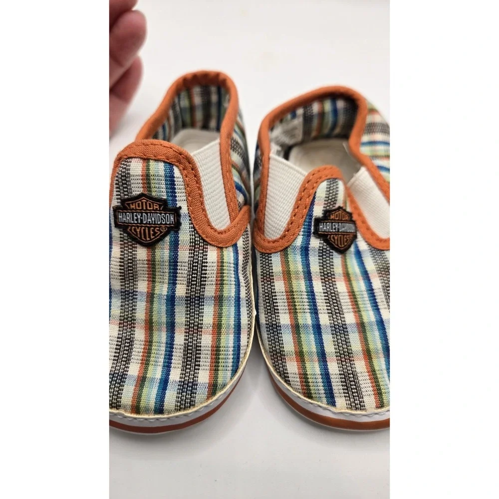 Harley Davidson Infant Baby Plaid Slip On Shoes Size 2/3 Orange Canvas Cute